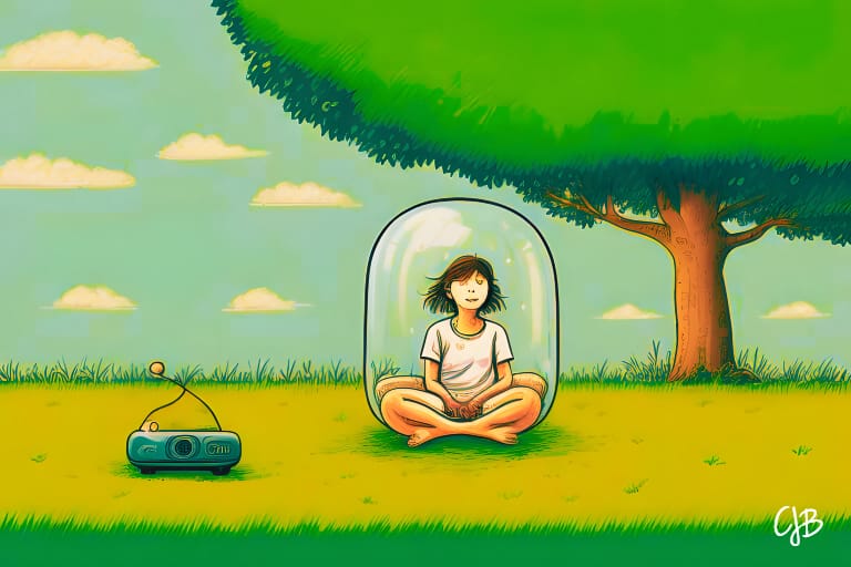 Colorful green image of a girl sitting in a glass bubble in a grassy park with a project unplugged nearby