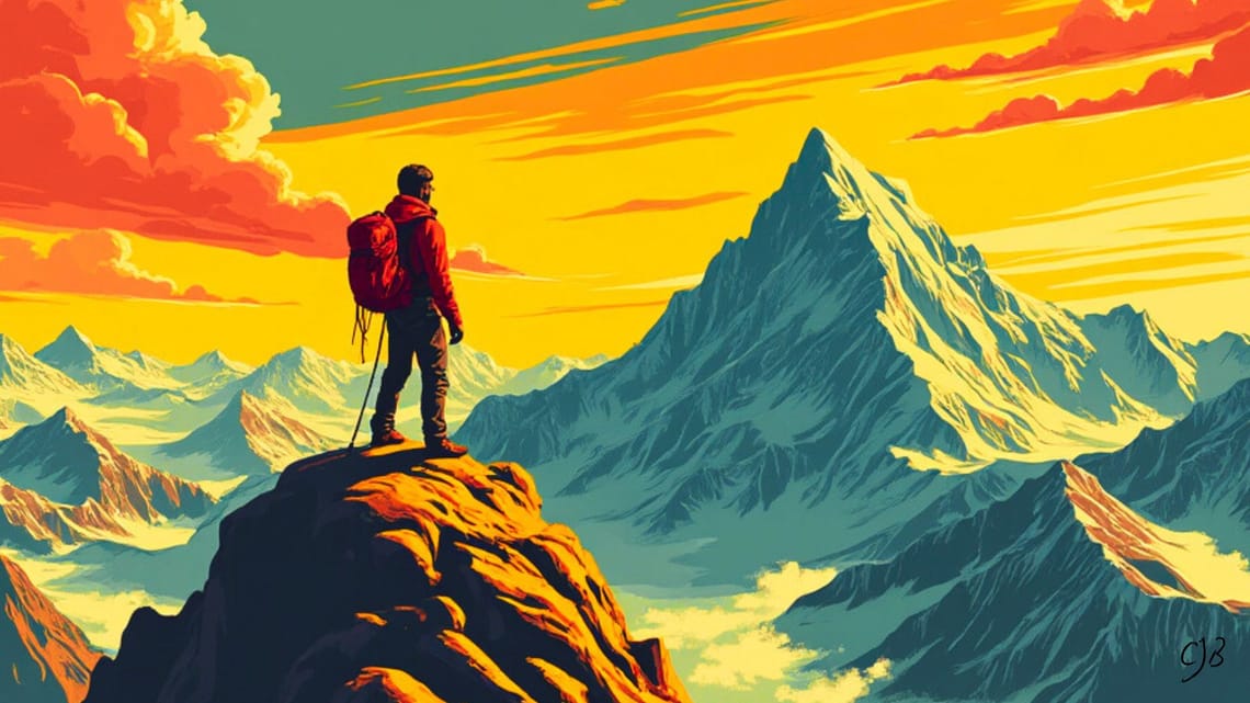man staring at a view from a mountain