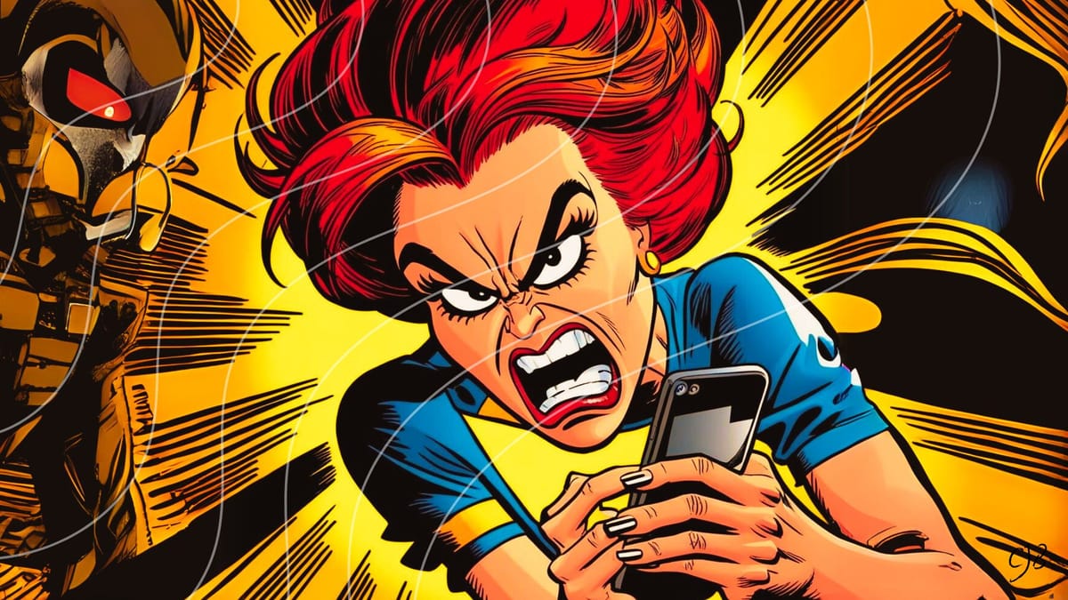 an angry woman holding a phone