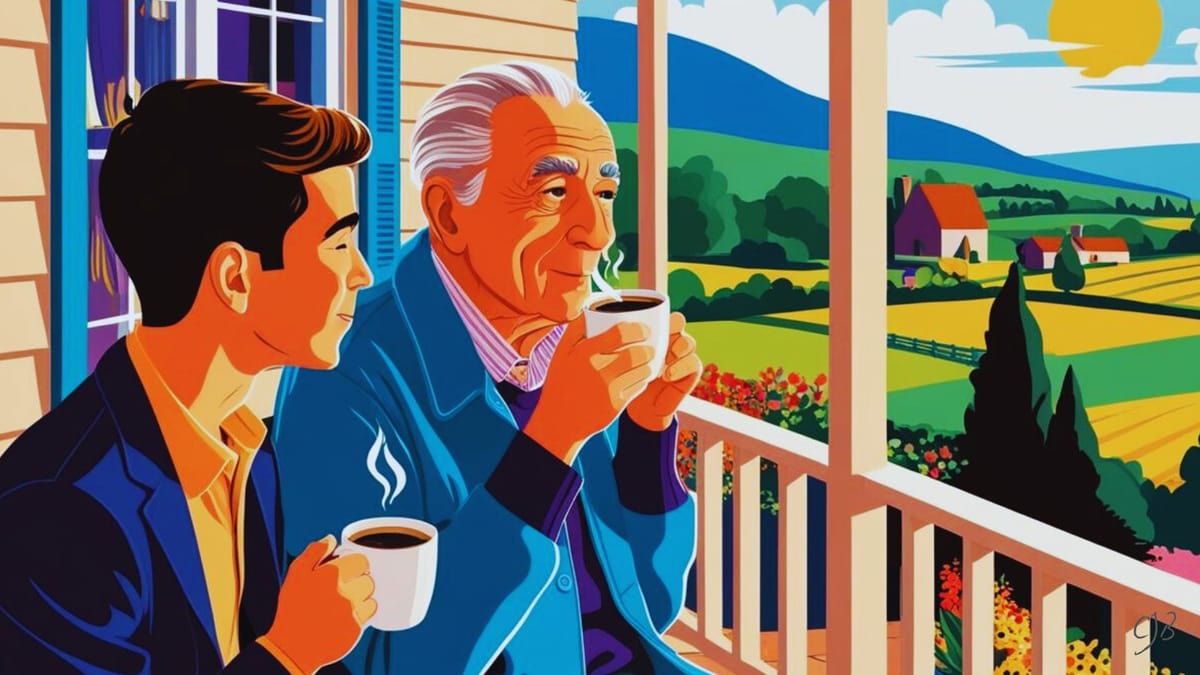 smiling father and son having coffee on their porch looking at the countryside around