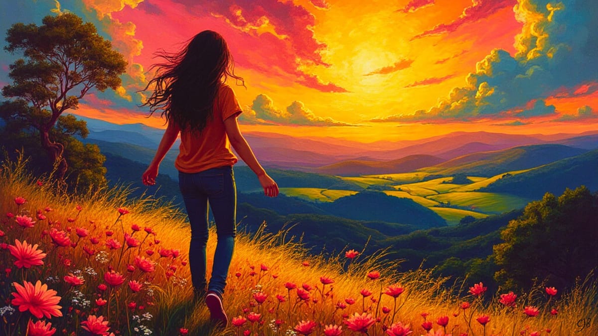 woman looking at a colorful country horizon