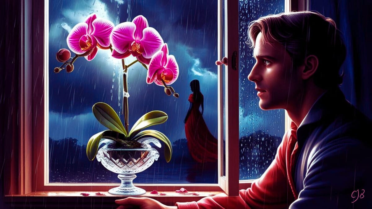 man looking out of a window towards a woman in red dress in the rain with orchid on the window sill