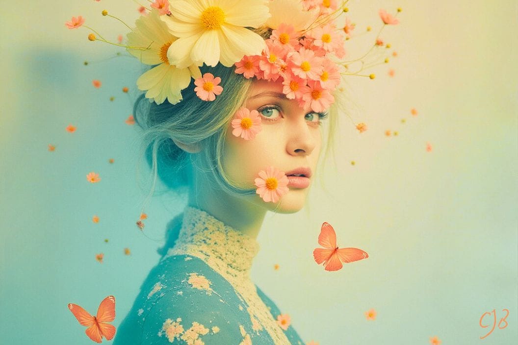 woman with butterflies around and flower hat