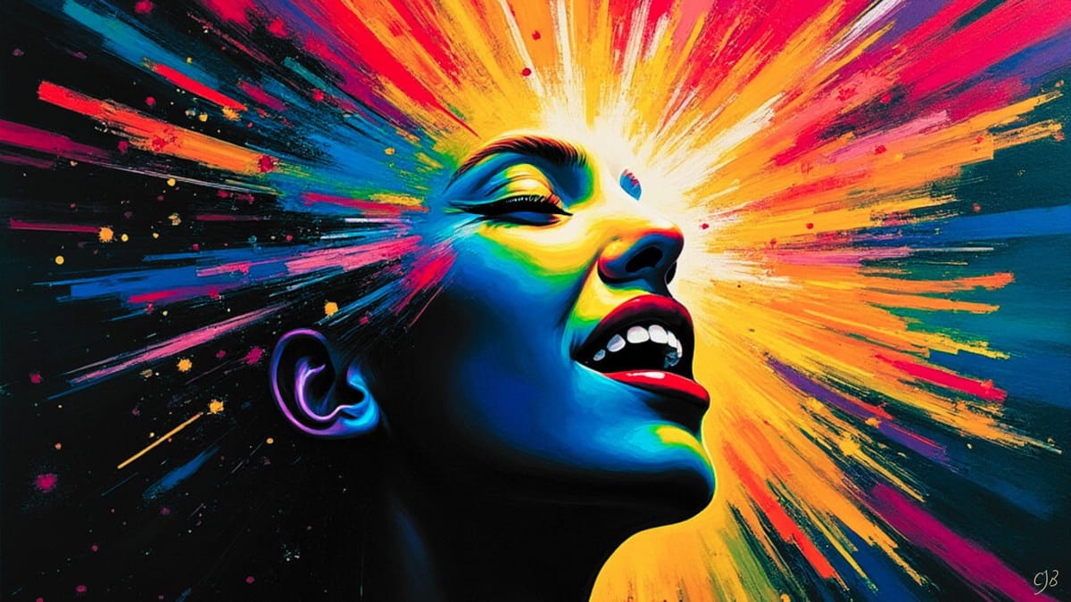 a head of a beautiful happy woman swirling in rainbow colors