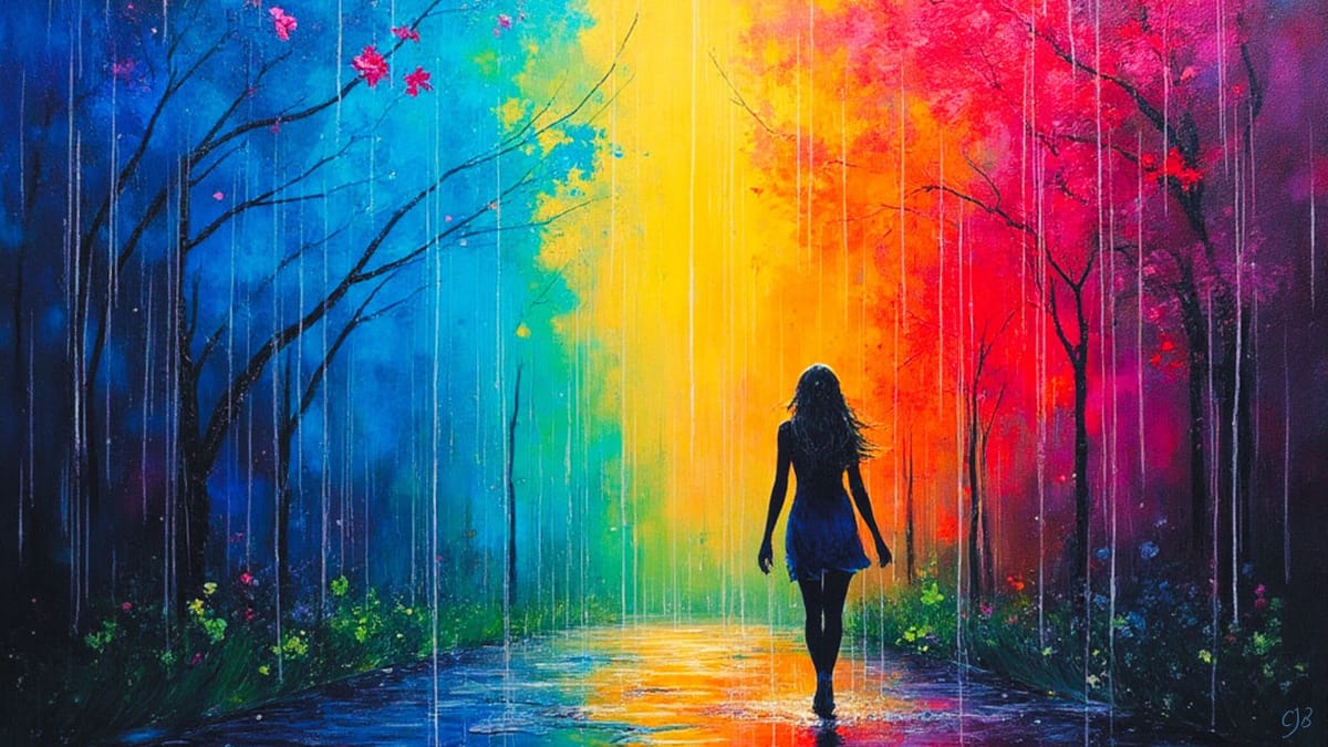 woman in skirt standing in the colorful rain soaked through