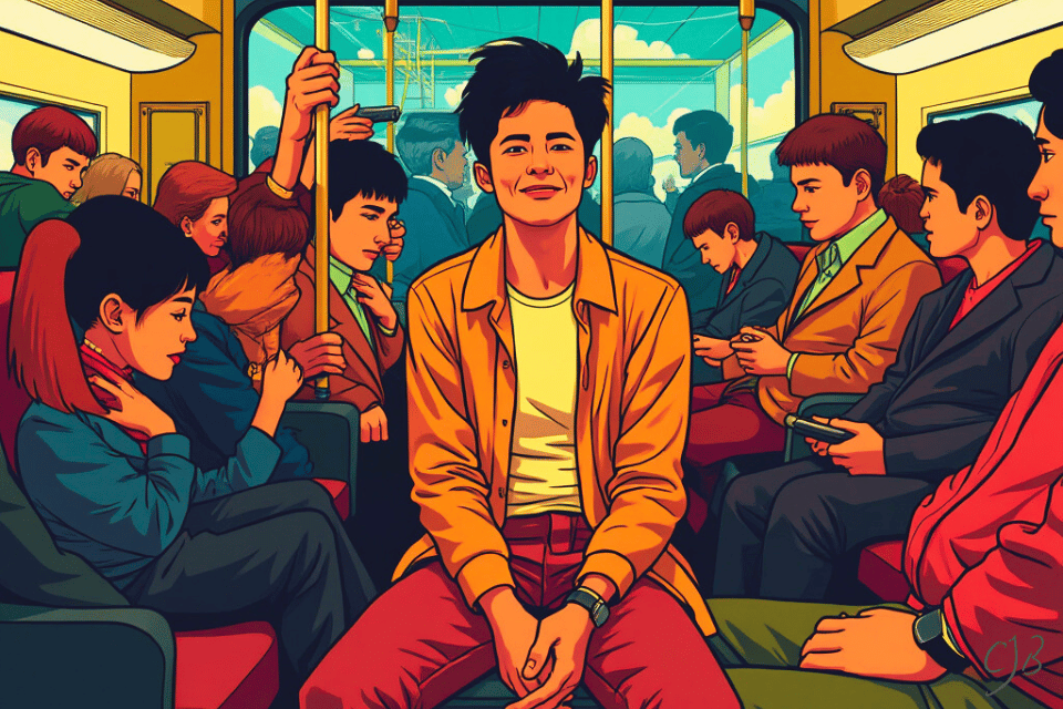 man smiling sitting on crowded train