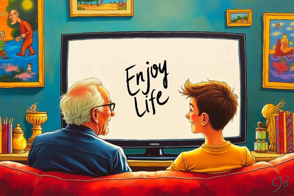 old man and young man smiling watching a blank screen