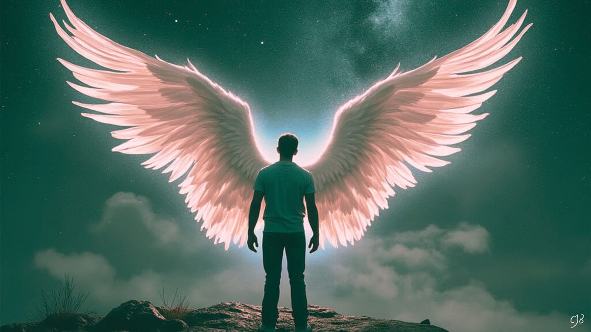 a man with angel wings stares into the distance of the sky before him - a soul coach