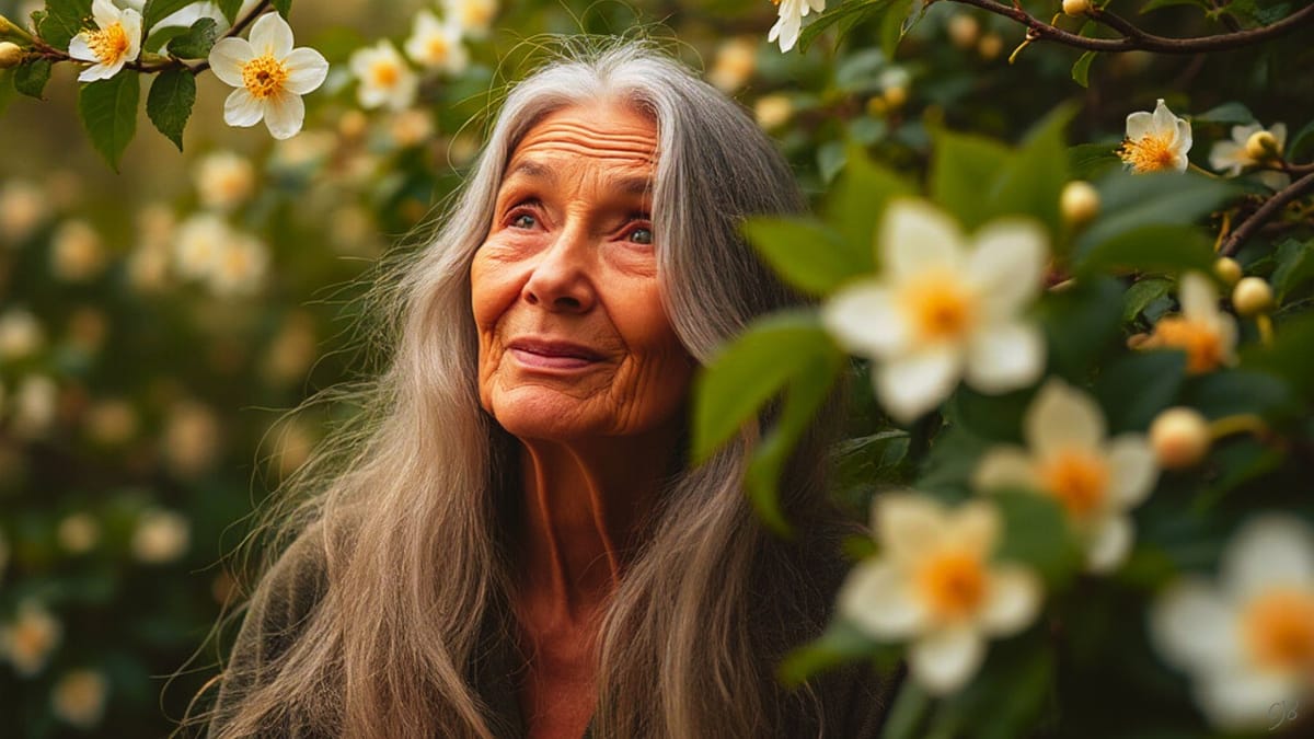 a beautiful long haired grey elderly woman among jasmine trees looking up pondering