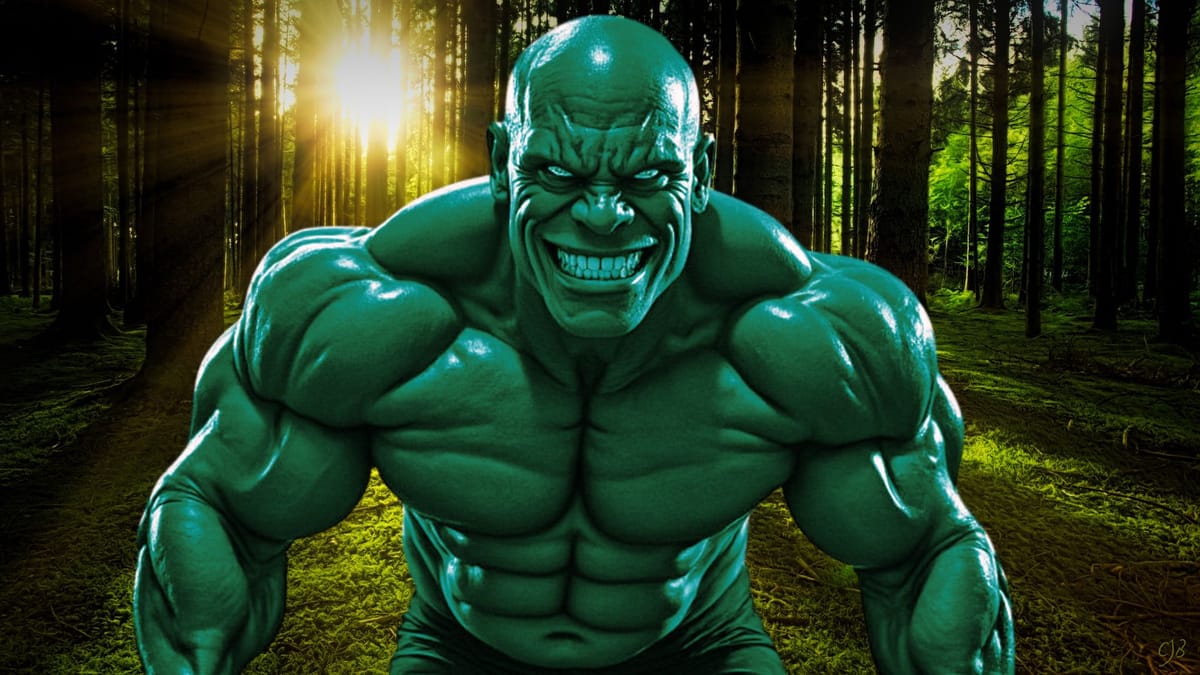 incredible hulk type huge muscled smiling man all in green