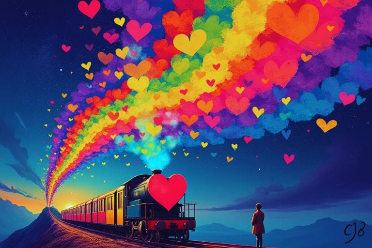 boy standing in front of a steam train and rainbow hearts where steam should be