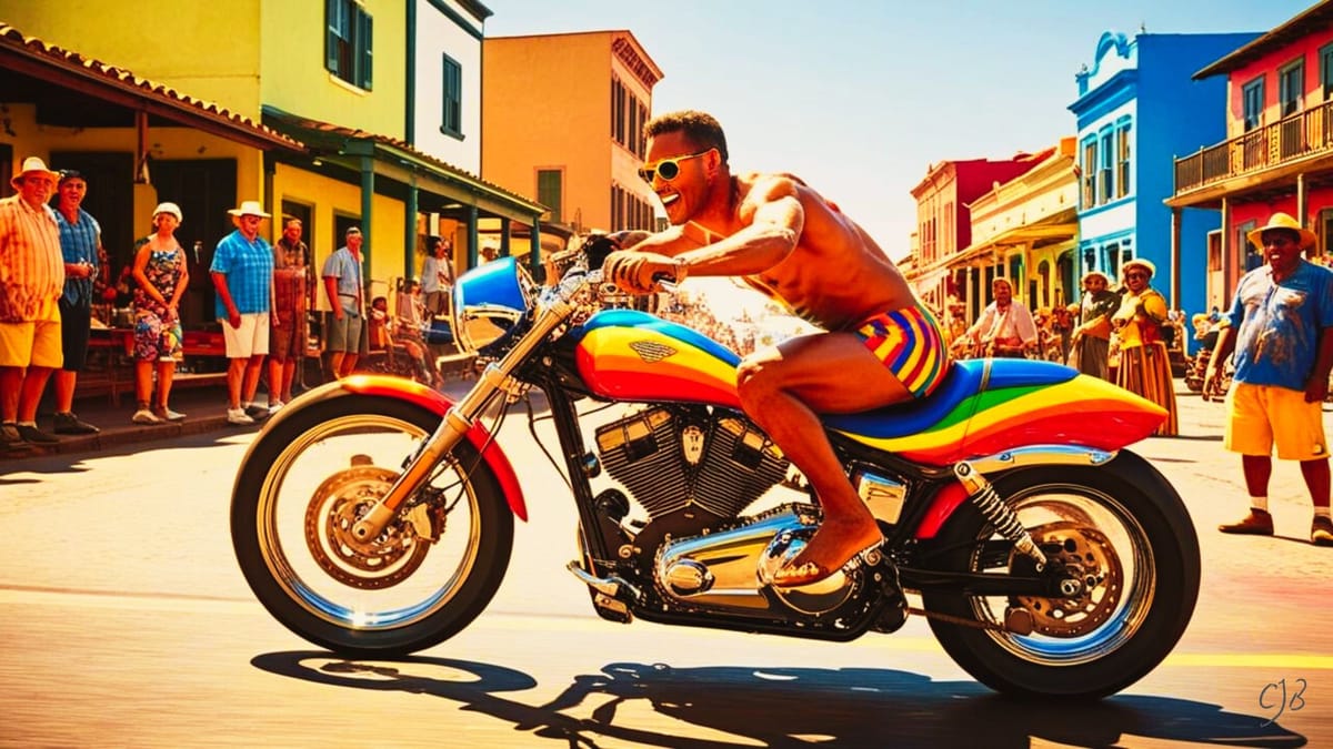 man on a rainbow motorcycle wearing his rainbow swimsuit only