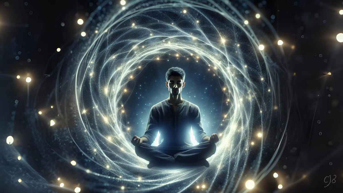 Illustration of a man sitting in the middle of some mystical circle of lights