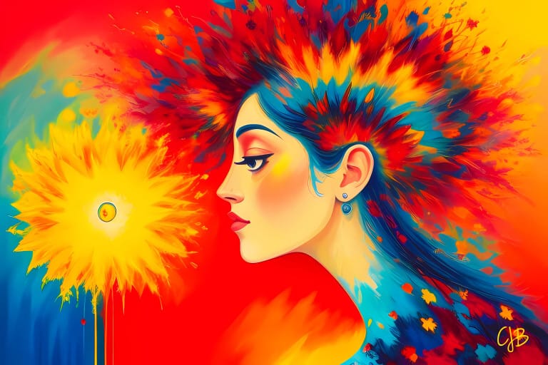 CJB artwork abstract colorful of a woman staring at a flower but with spiritual feelings abound