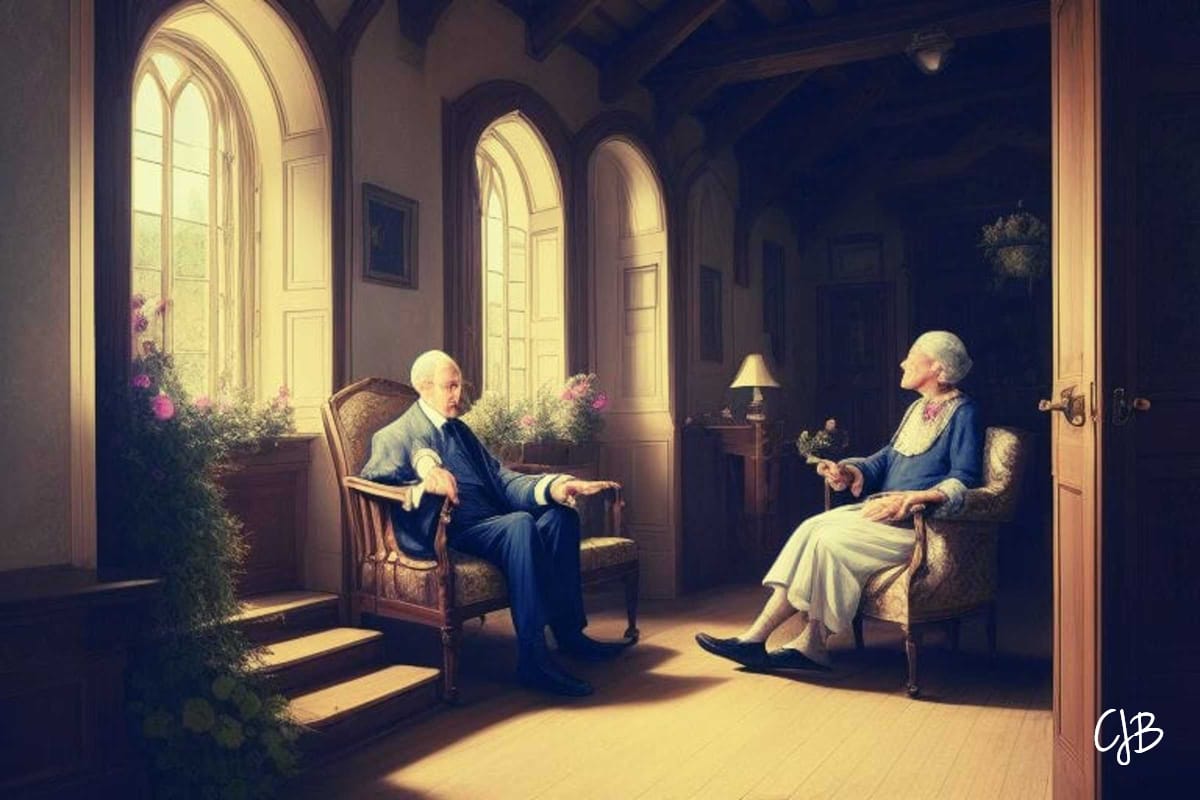 Illustration of an old well dressed couple sitting opposite each other looking snooty in a manor house