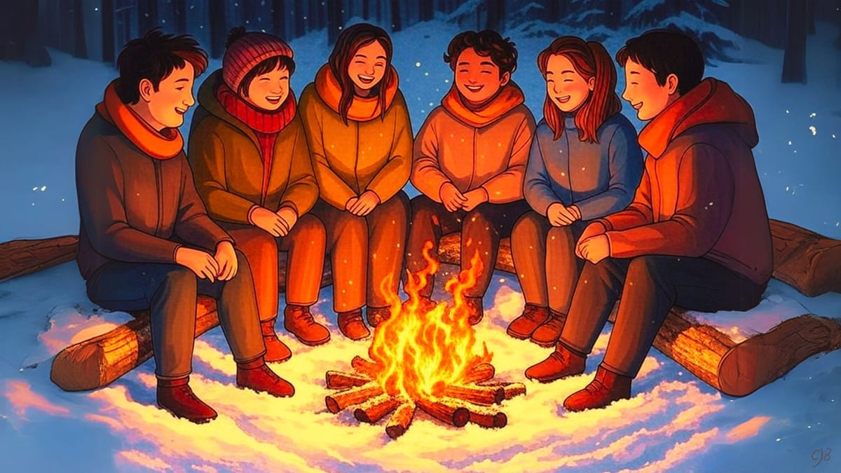 heartwarming scene of friends gathered around a camp fire in the snow and forest around