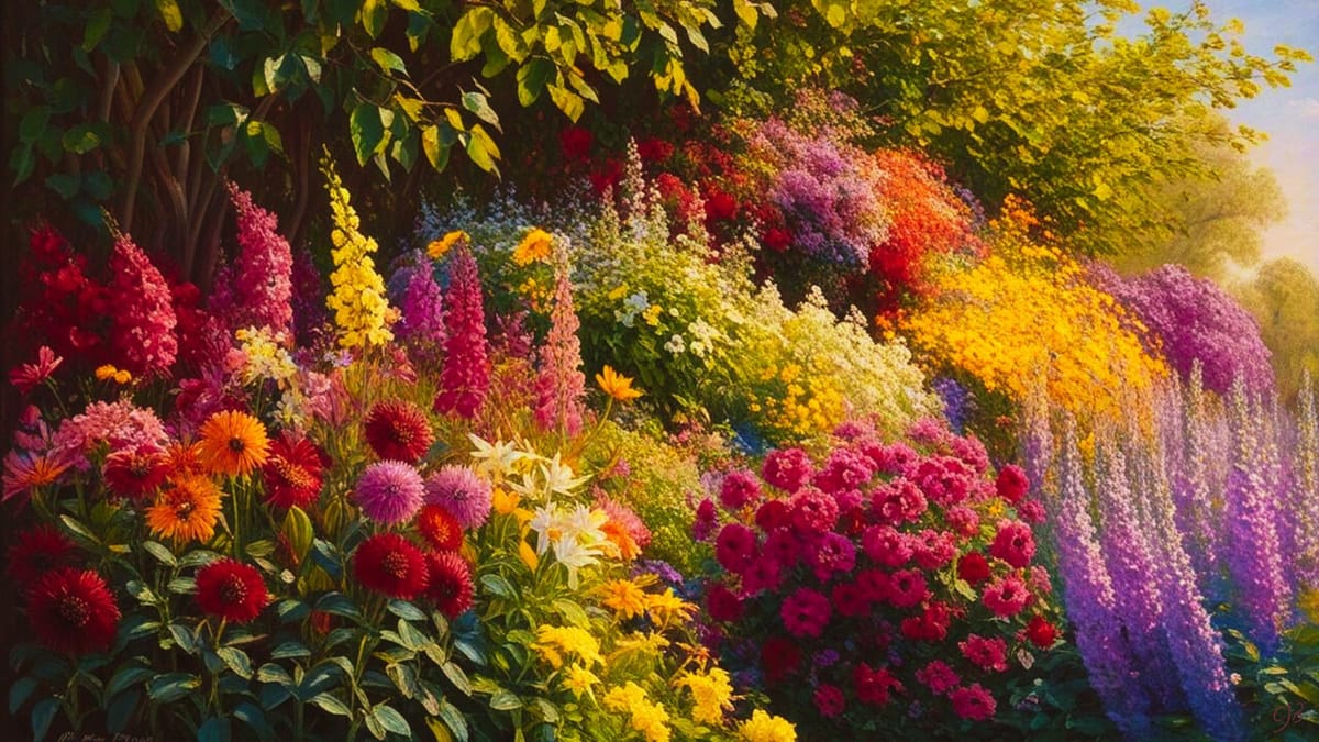 beautiful garden of many colorful flowers with sun shining