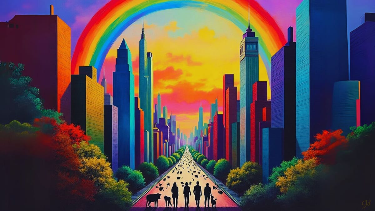 silhouettes of people and animals standing in the road of a city with high rise buildings all looking toward a rainbow