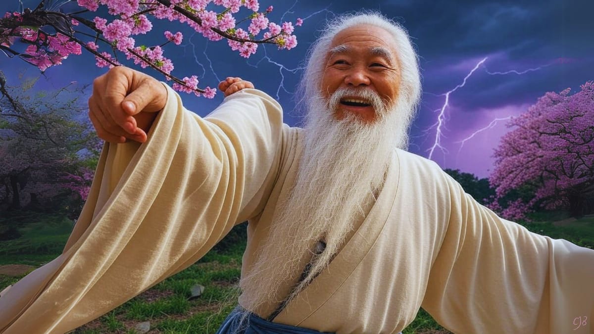 chinese man dancing under cherry blossom and a storm