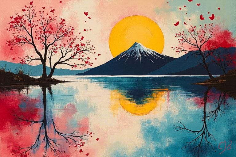 image of japanese countryside with water reflecting the yellow orange sun and red trees