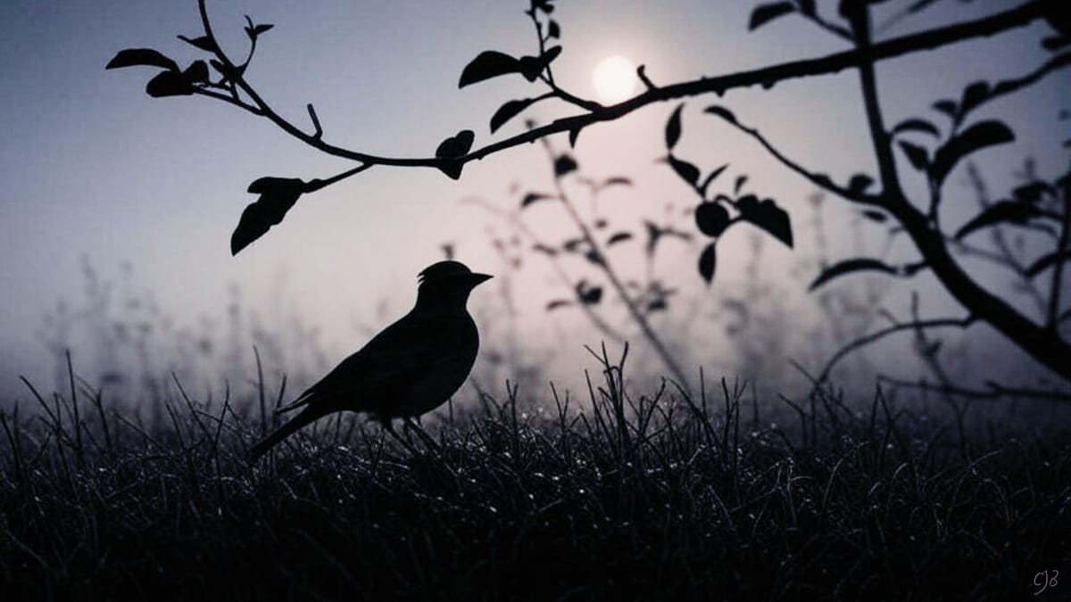 image of a lark on dew grass by an apple tree with a sun coming up in darkness