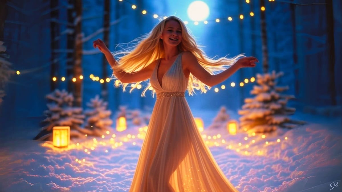 a happy scene of blonde female celebrating winter solstice around lights at night