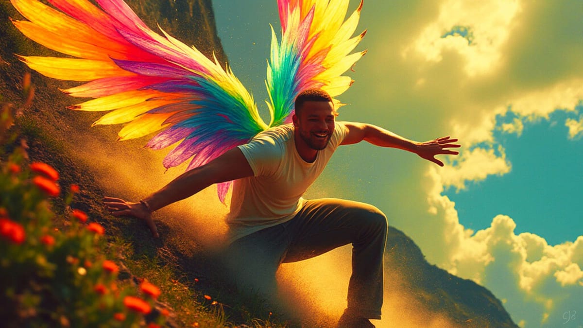 black man with rainbow angels wings smiling as he falls down a hill