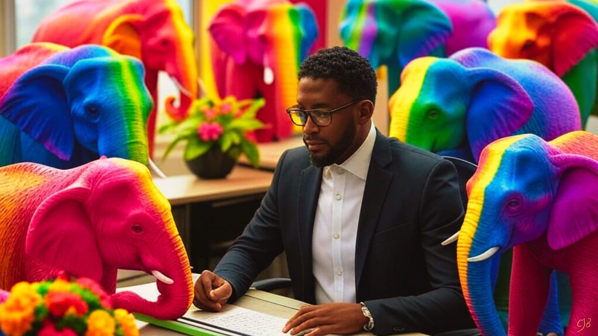 image of an african man sitting in an office surrounded by rainbow colored elephants