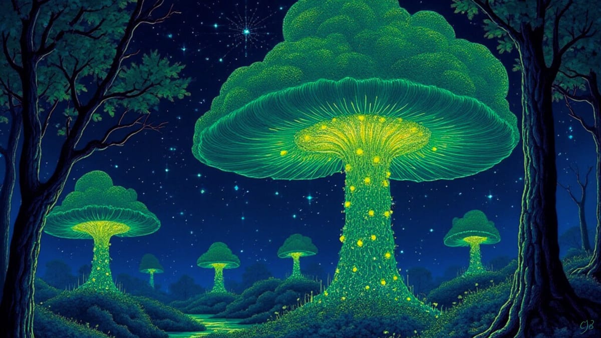 ethereal forest of glowing mycelium mushroom trees at night