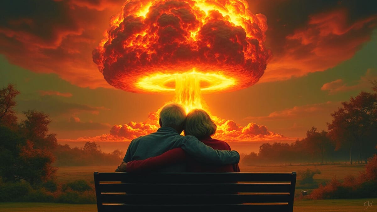 old couple on park bench hugging whilst nuclear bomb mushroom cloud goes off in background