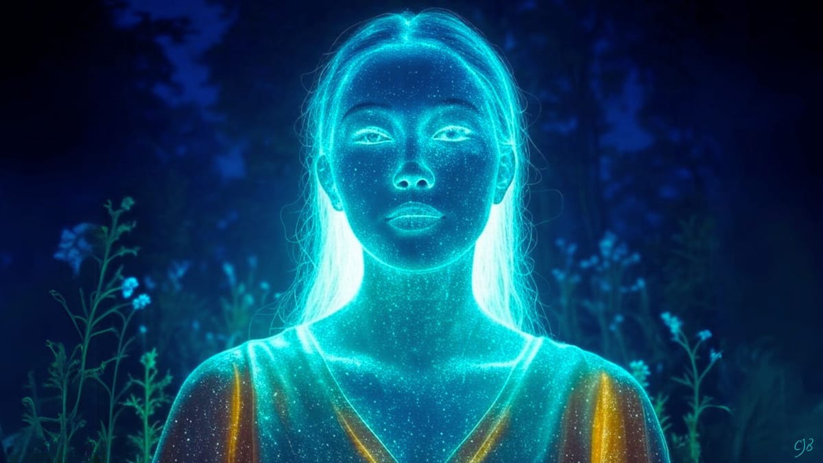 woman outlined by a soulful blue light and orbs