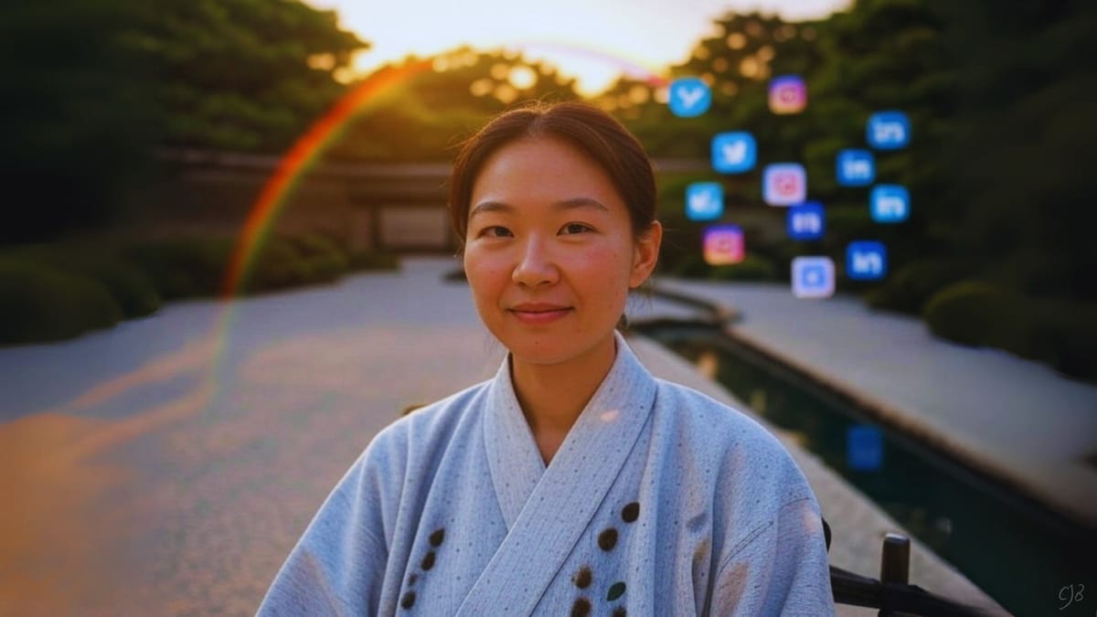 chinese women with social media icons behind her and a rainbow, she is smiling