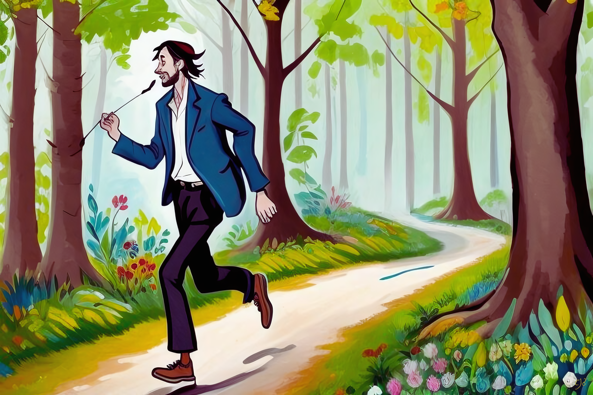 cjb original colorful artwork of man running through woods and flowers