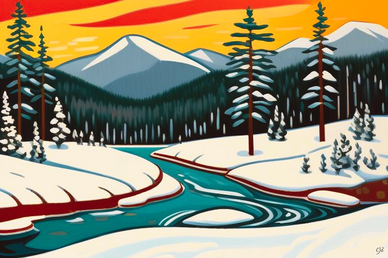 CJB original abstract artwork of snow river mountain scene