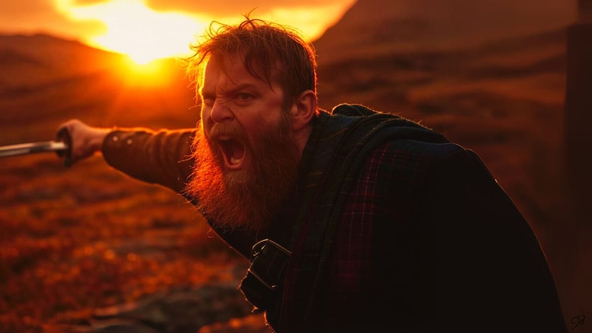 WILD SCOTTISH HIGHLANDER SCREAMING WITH A SWORD HELD OUT AND SUN BEHIND