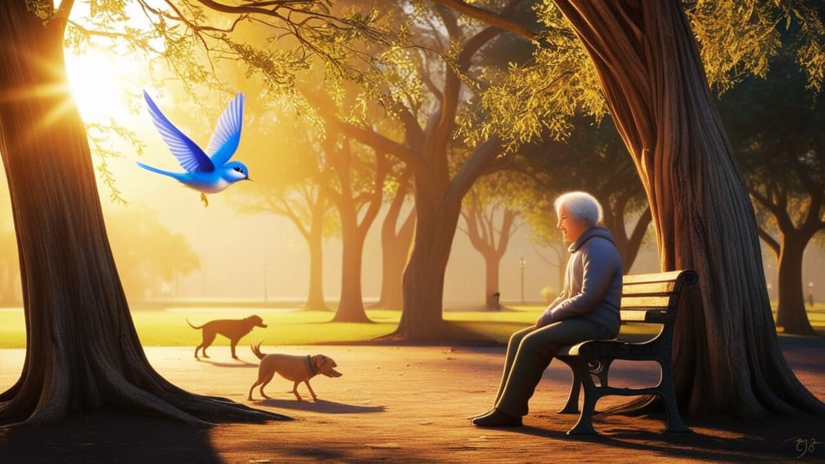 woman on park bench in sun with bird and dogs