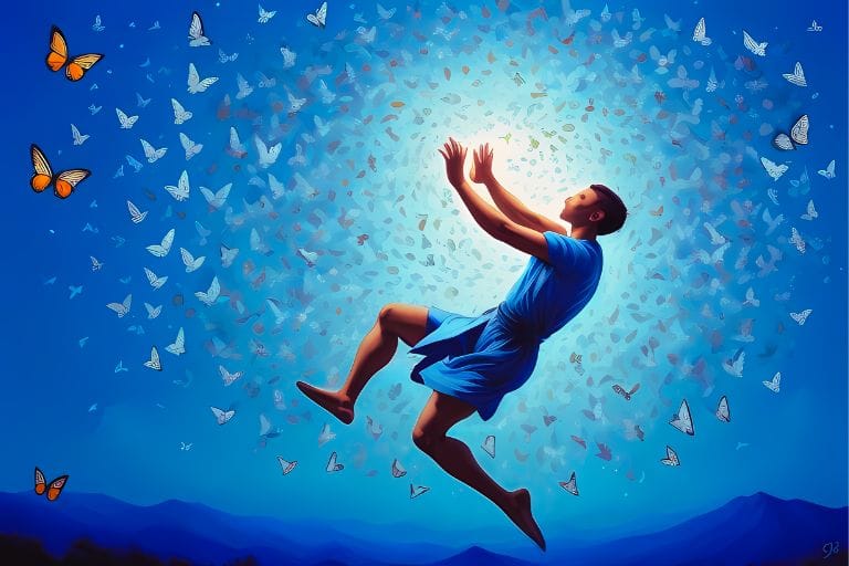 cjb artwork of man happily jumping into butterflies in blue skies