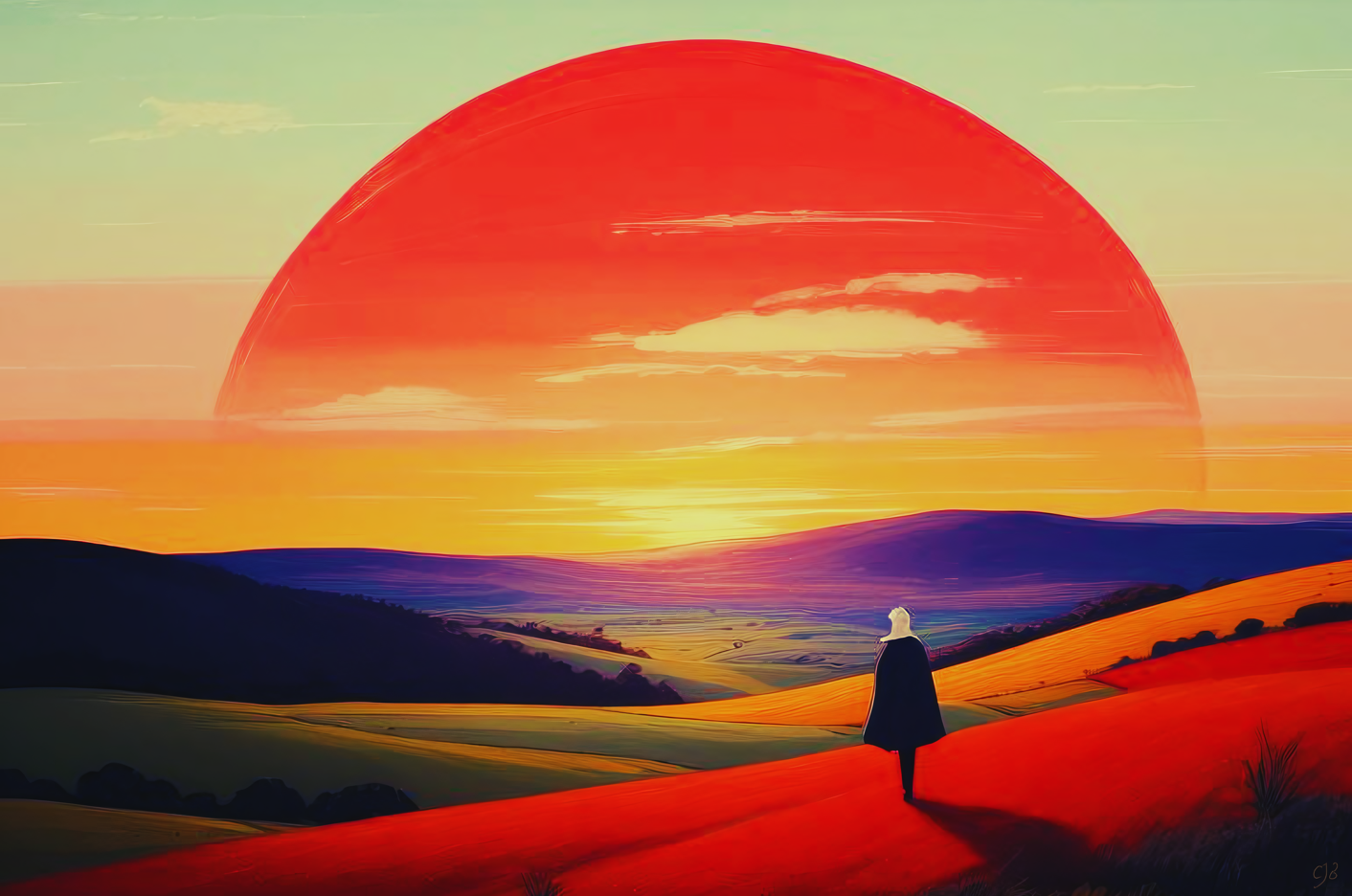 cjb original artwork of silhouette looking at red sun in country hillside