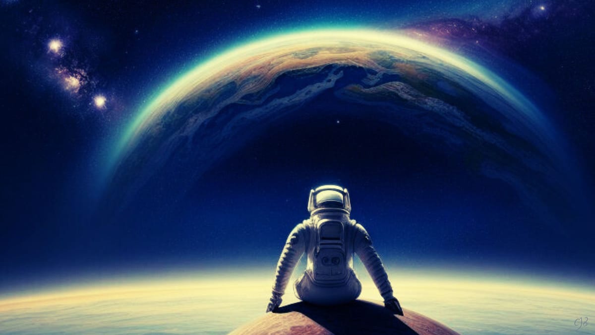 cjb artwork of man in space looking calmly to earth and the stars