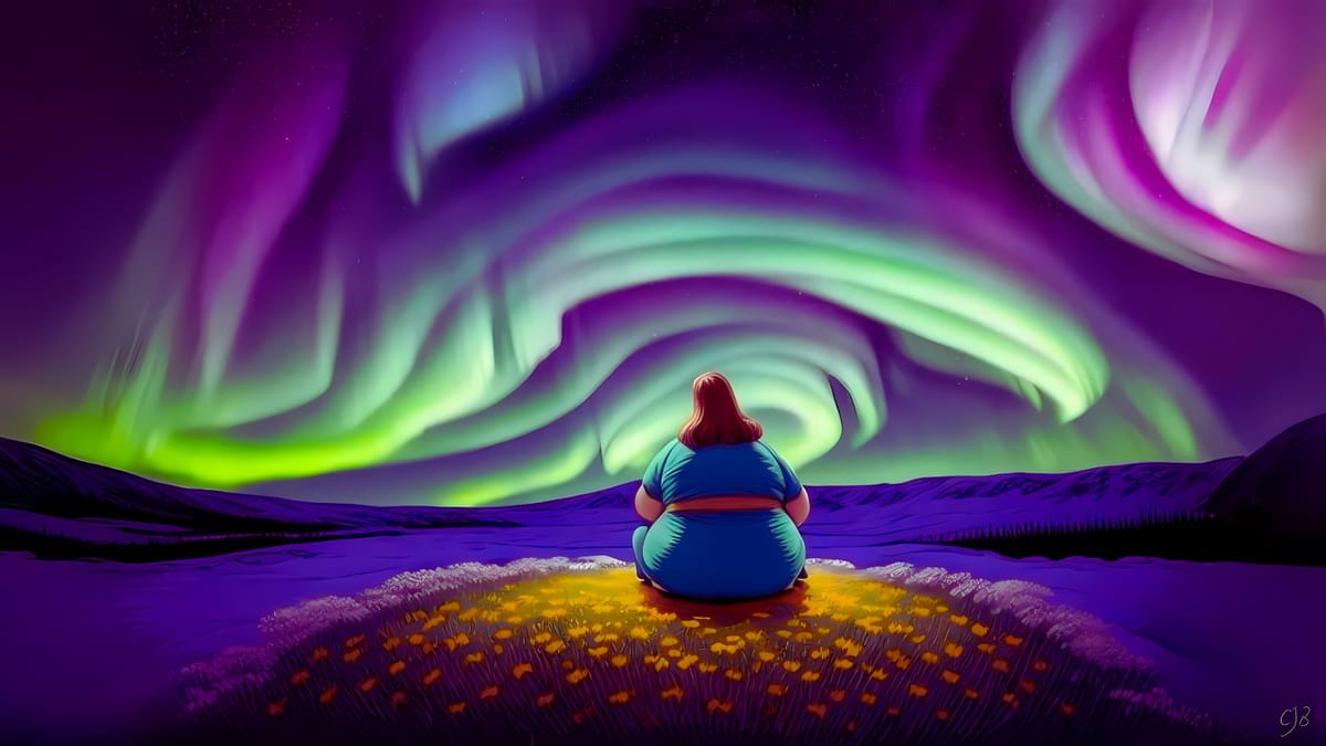 cjb original artwork of large beautiful woman sitting looking at the northern lights