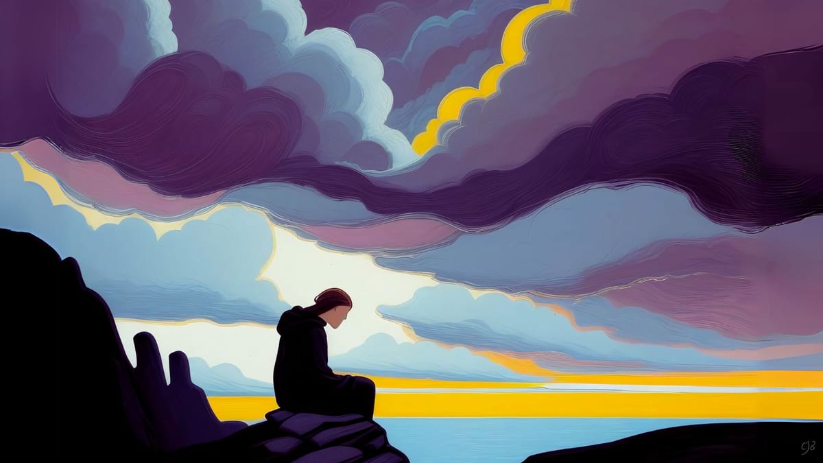 LONELY PERSON SITTING AT EDGE OF CLIFF WITH YELLOW HORIZON OF HOPE