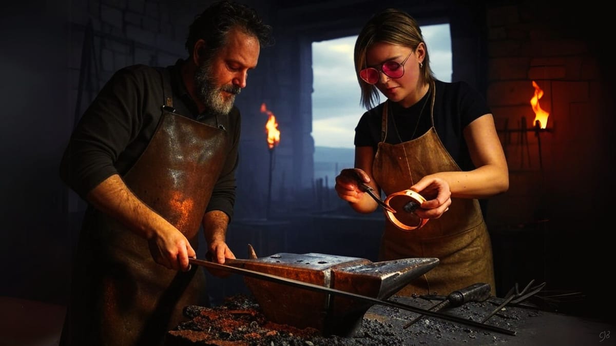 blacksmiths man and woman working with an anvil and bracelet