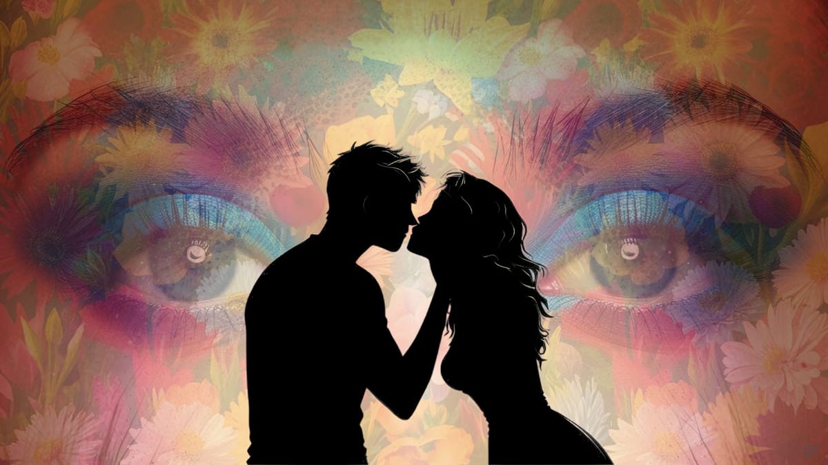 CJB artwork of man and woman silhouette kissing in front of a flowery backrdrop and large blue eyes