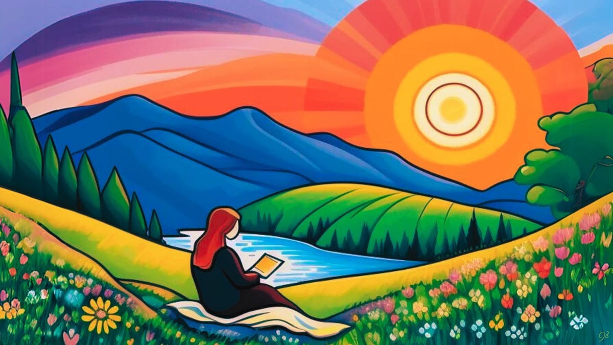 cjb artwork of woman reading in front of the sun looking over natural view of hills and river and flowers