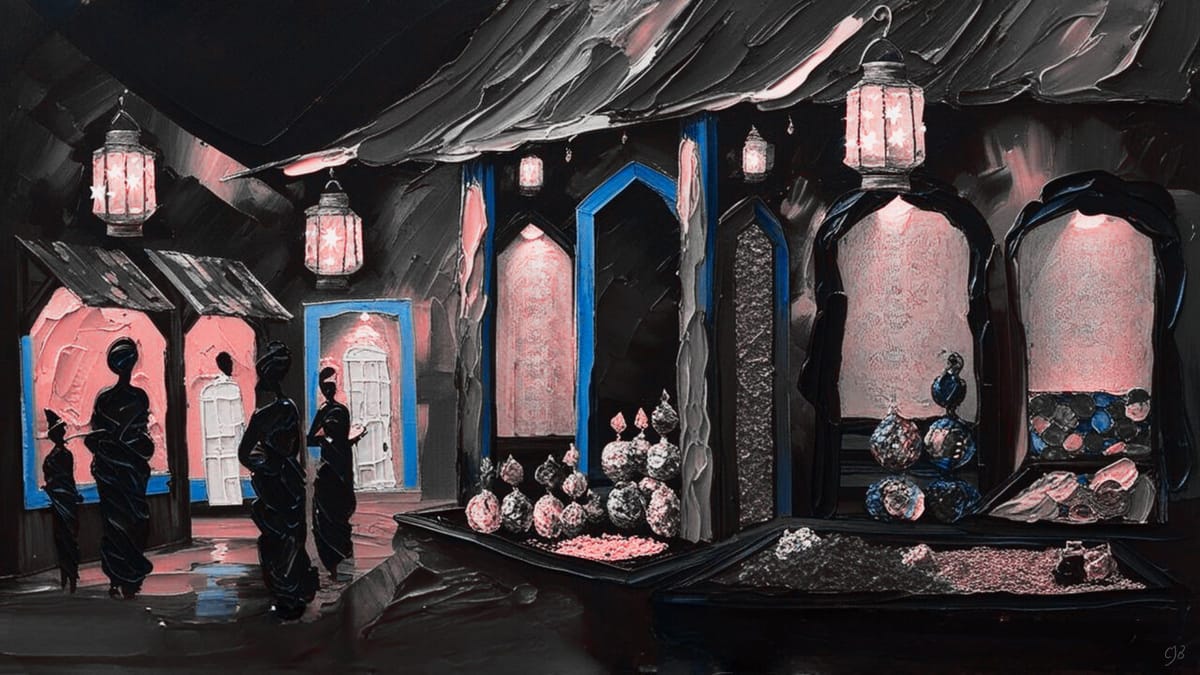 CJB ARTWORK OF AN EMPORIUM IN BLACK AND BLUE