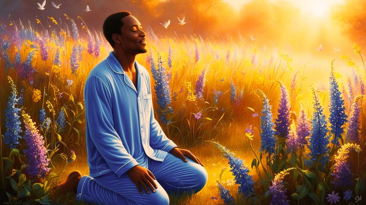 african american male father kneeling in field of colorful flowers with sun shining and smiling