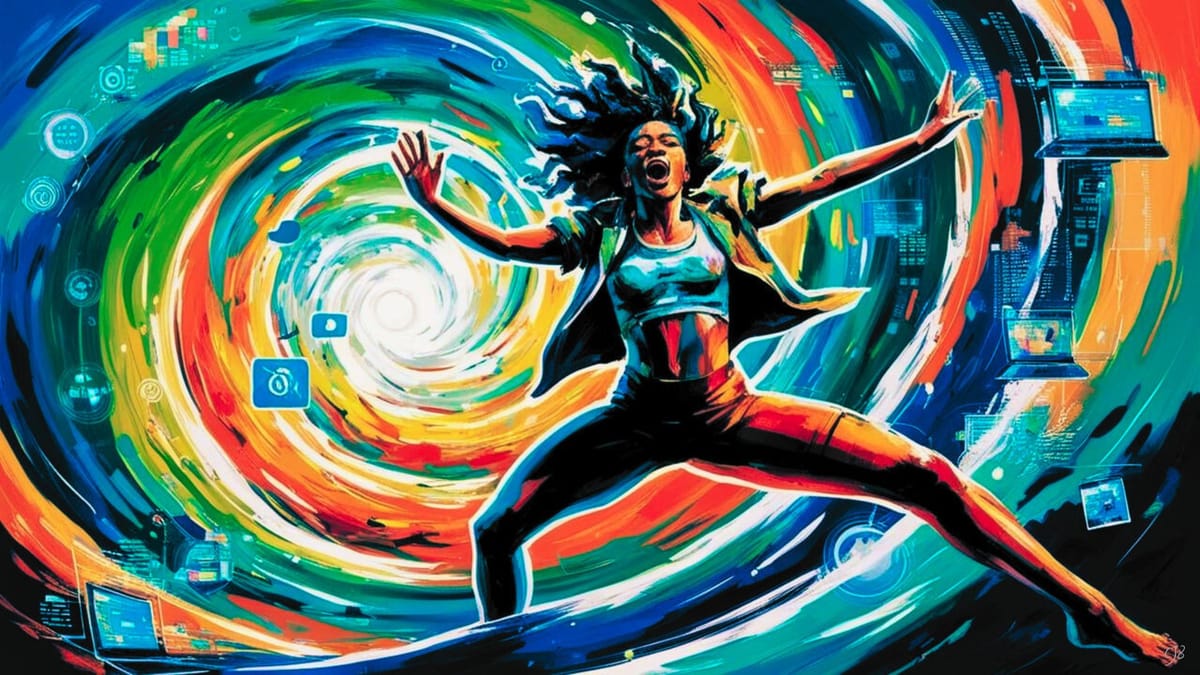 black person in star pose in whirl of colors and data