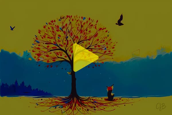 CJB ARTWORK YELLOW RED BLUE BLACK - SHOWING FOX SITTING BE A TREE FAR FROM THE CITY