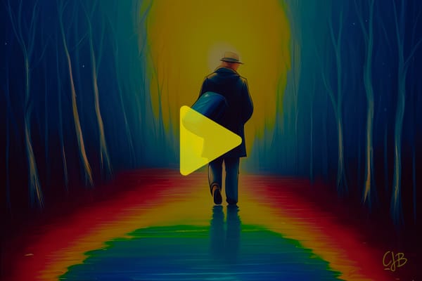 cjb artwork covered by play button, it is of a man walking into a yellow glow with rainbow path beneath