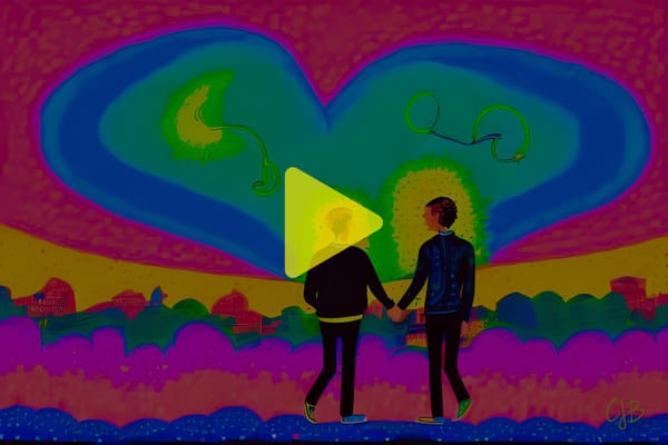 CJB ARTWORK BRIGHT COLORS PINKS BLUES YELLOWS GREENS OF A COUPLE HOLDING HANDS WALKING TOWARD A CITY SKYLINE